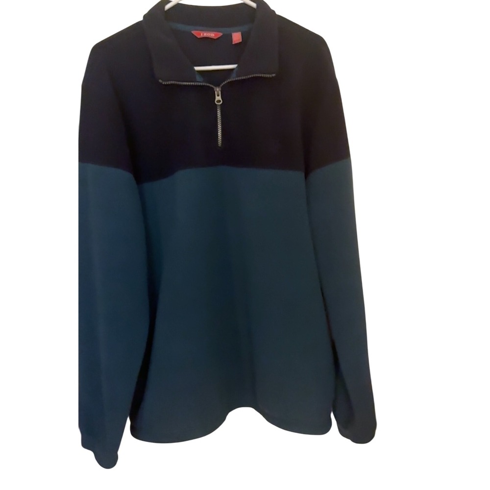 IZOD Mens L Pullover Fleece 1/4 Zip Colorblock Sweater Teal Blue Large